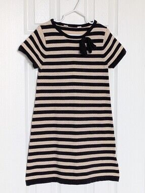 Girls' Black & Shimmering Gold Striped Short-Sleeve Knit Dress w/Bow Accent